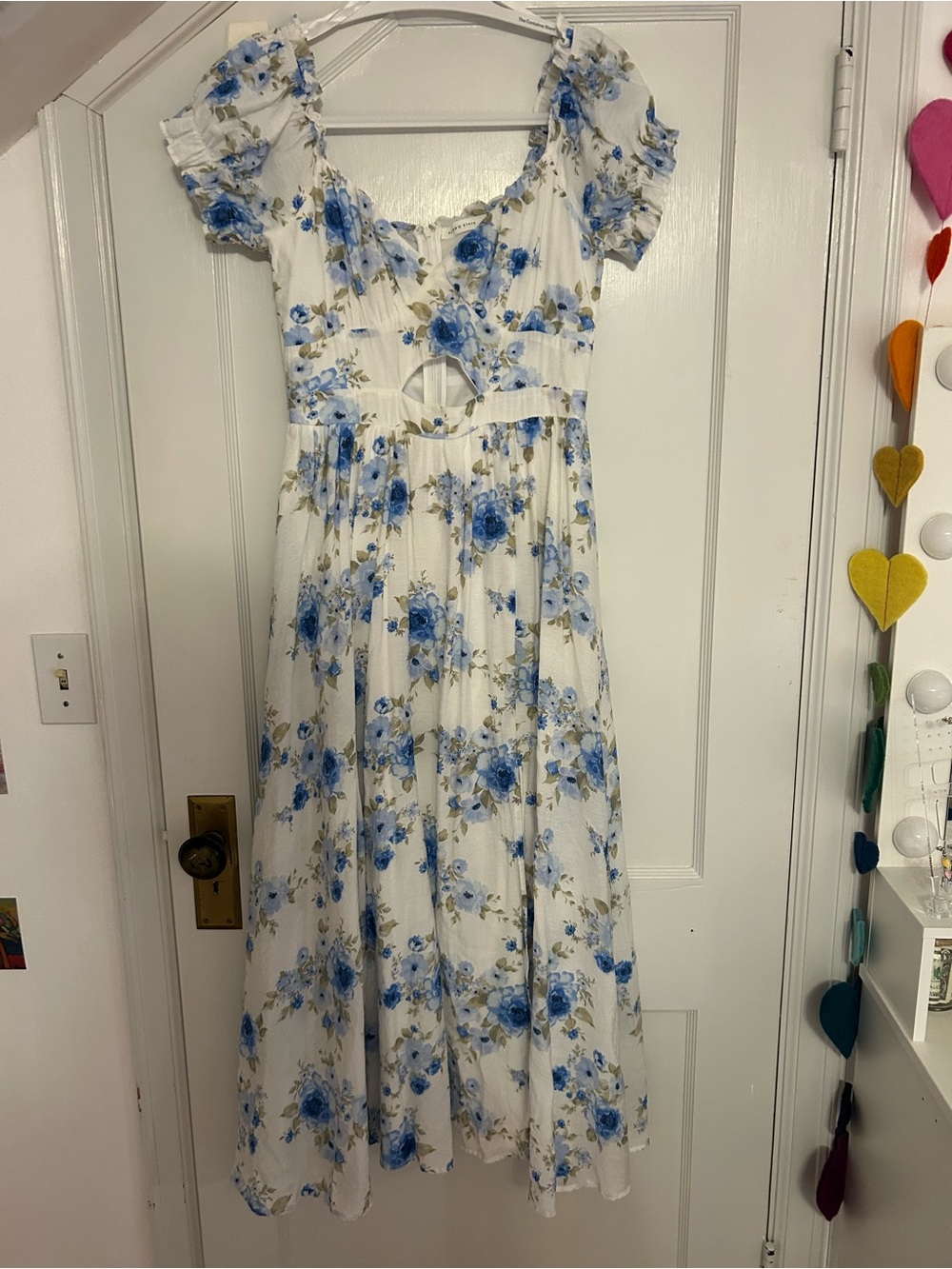 White & Blue Floral Womens Dress with Puff Sleeves